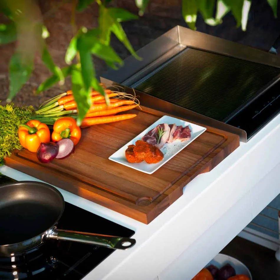 Cuisine moderne sur roulettes pour jardin extérieur en bois et acier - Calliope Viadurini