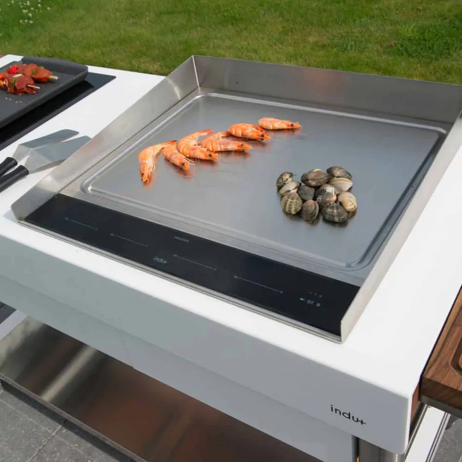 Cuisine moderne sur roulettes pour jardin extérieur en bois et acier - Calliope Viadurini