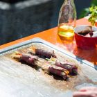 Cuisine moderne sur roulettes pour jardin extérieur en bois et acier - Calliope Viadurini