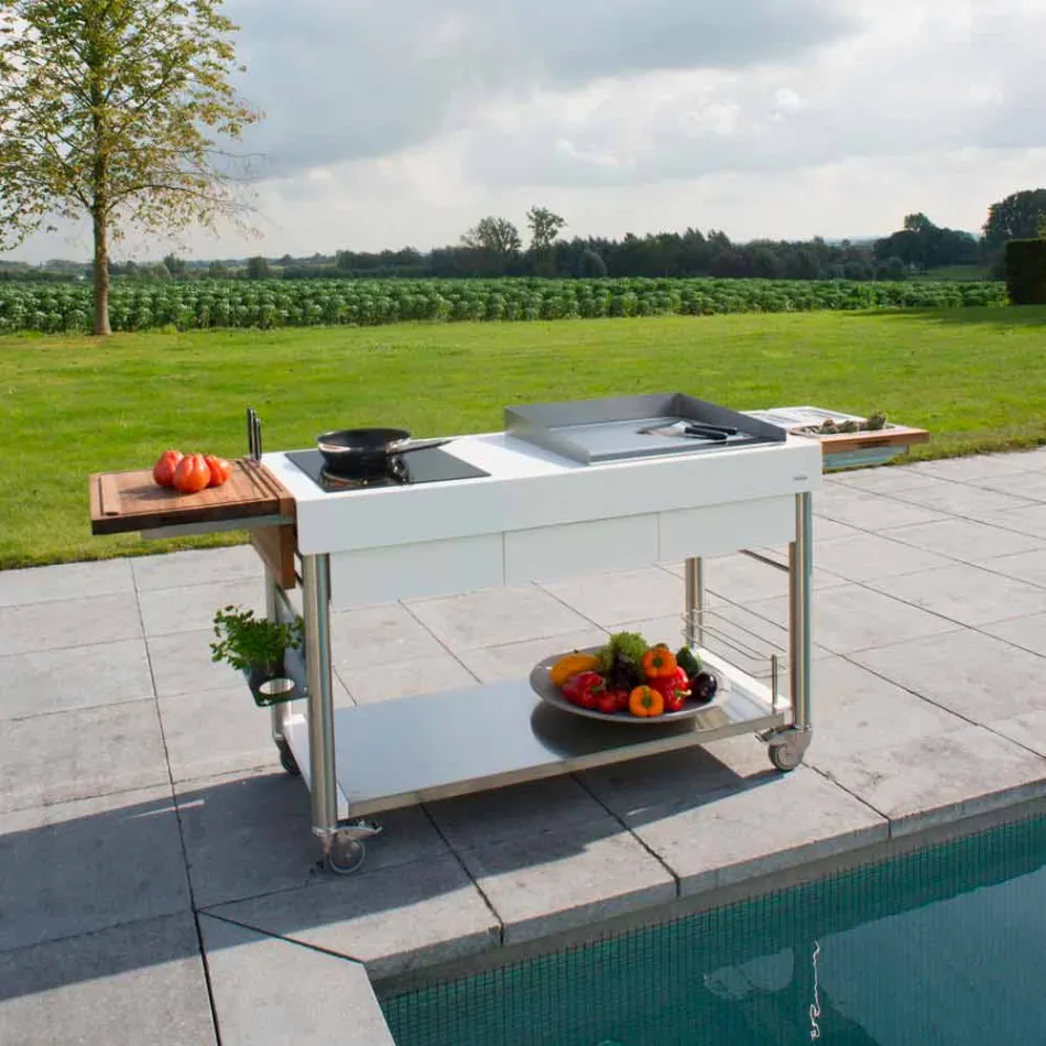 Cuisine moderne sur roulettes pour jardin extérieur en bois et acier - Calliope Viadurini