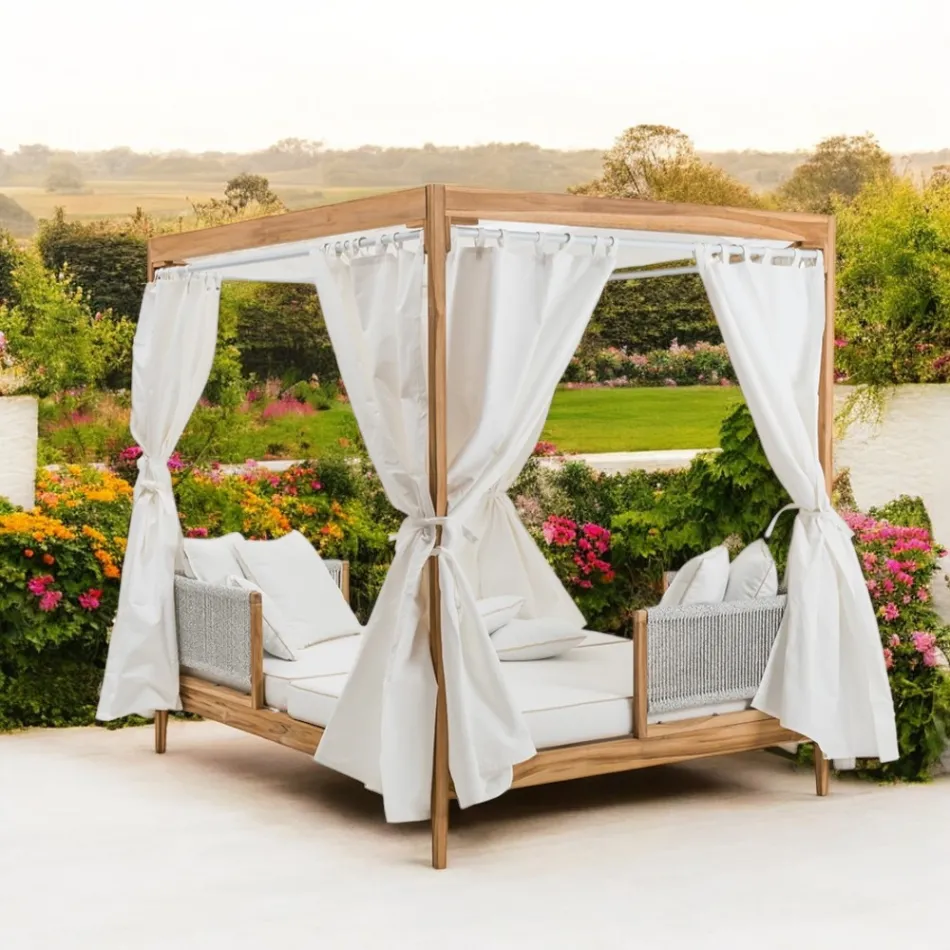 Daybed d'extérieur en teck et tressage de corde - Arjuna Viadurini