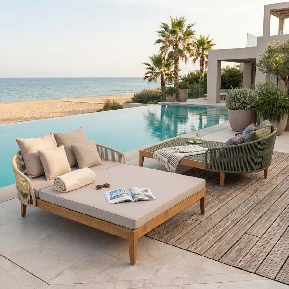 Lit de jardin Jacub en teck, aluminium, corde et coussin Viadurini