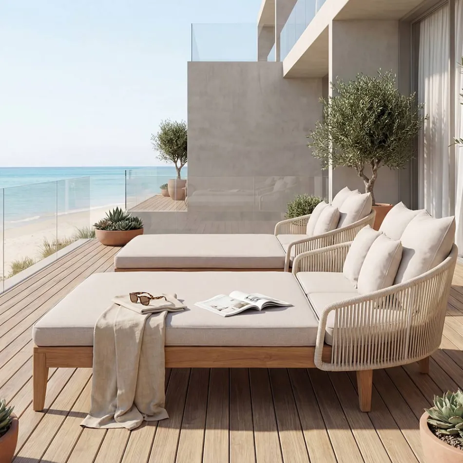 Lit de jardin Jacub en teck, aluminium, corde et coussin Viadurini