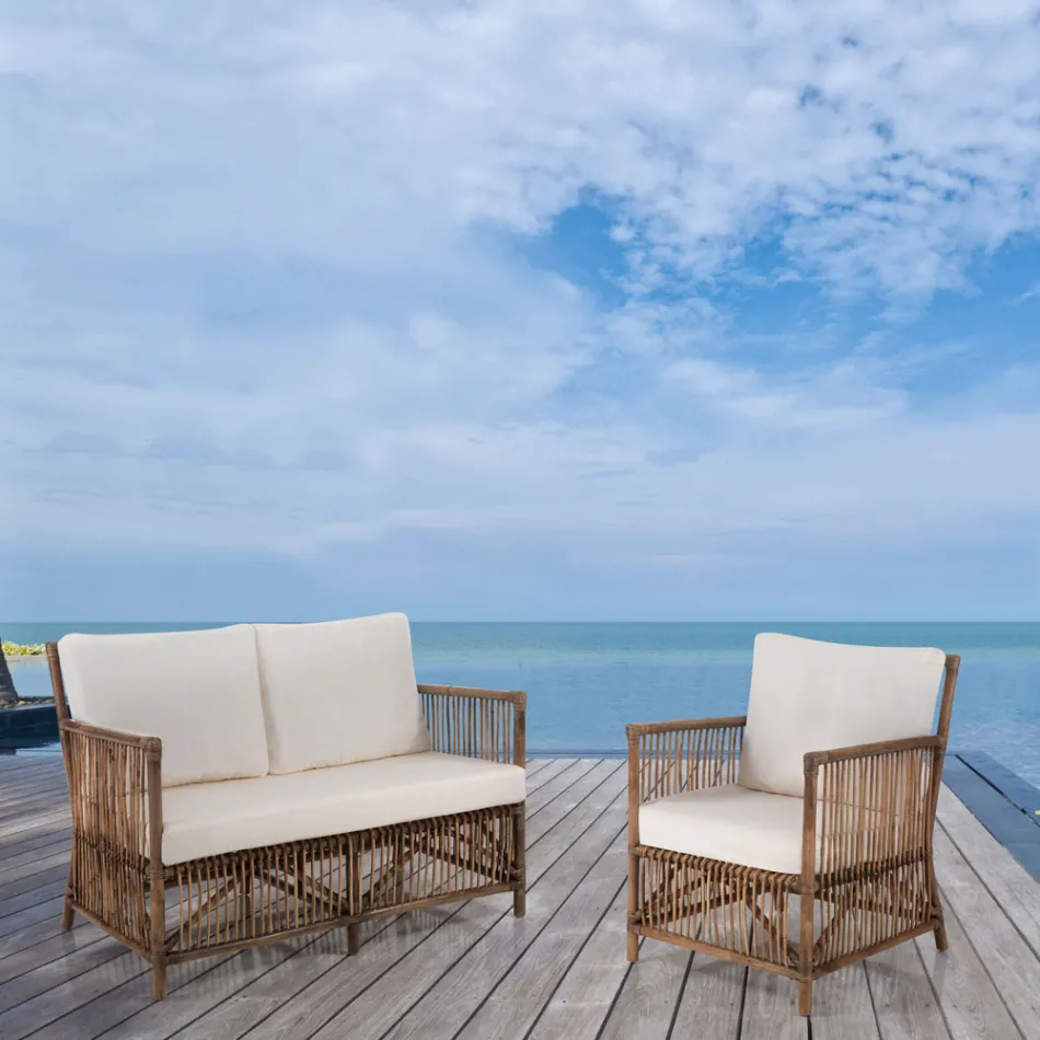 Canapé 2 places d'extérieur et d'intérieur en rotin et coussins en 100% coton - Boire Viadurini