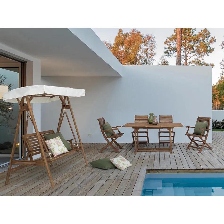 Canapé de jardin à bascule 2 places en bois d'acacia avec toile blanche - Roxen Viadurini