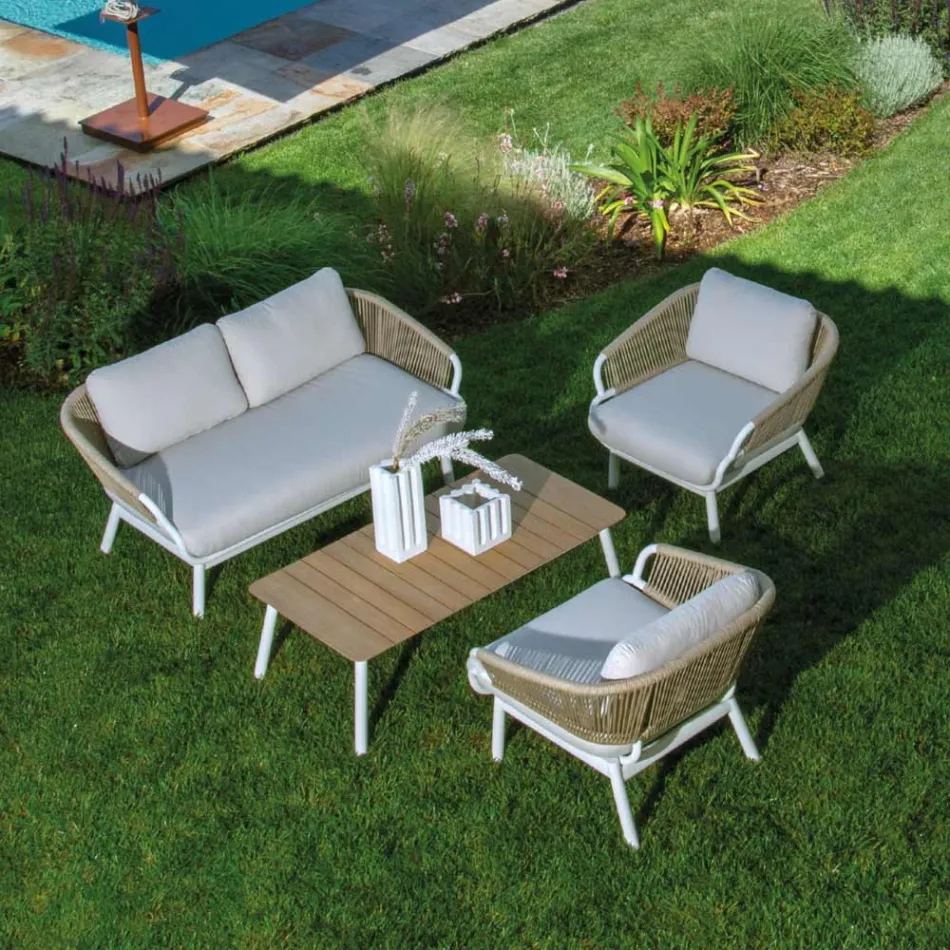 Canapé avec fauteuils et table basse en aluminium blanc pour le jardin - Tenda Viadurini