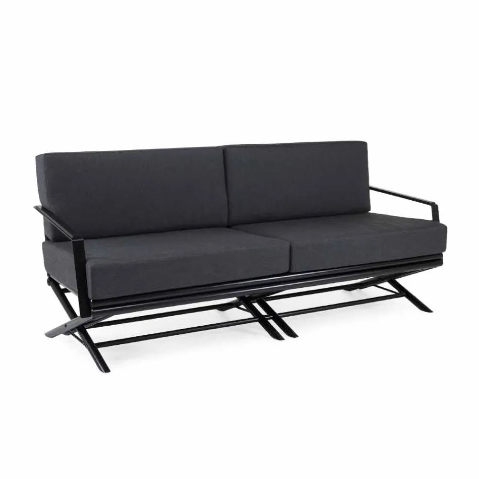 Canapé d'extérieur 3 places en bois naturel ou tissu noir et luxueux - Suzana Viadurini