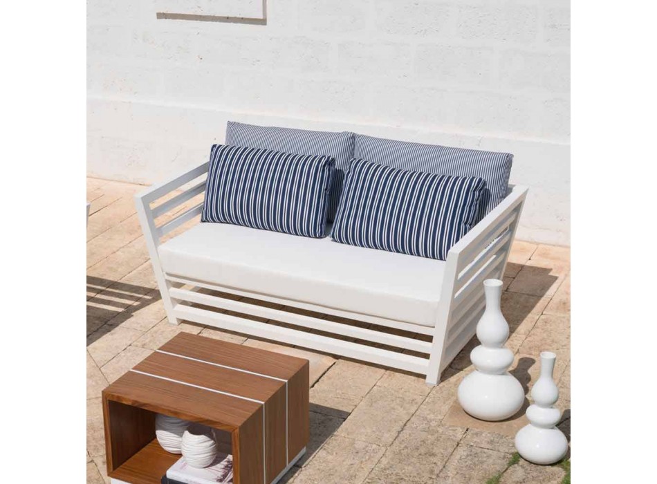 Canapé de jardin 2 places en aluminium blanc ou noir et coussins bleus - Cynthia Viadurini