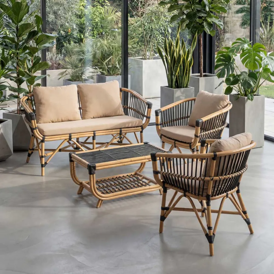 Canapé de jardin en rotin naturel avec coussins inclus - Catelyn Viadurini