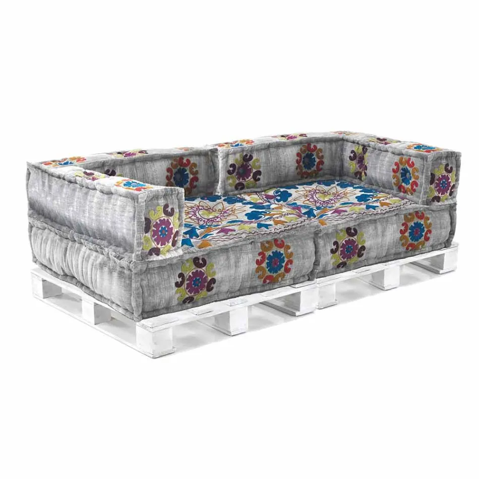 Canapé ethnique rembourré deux places en tissu patchwork et bois - Fibre Viadurini