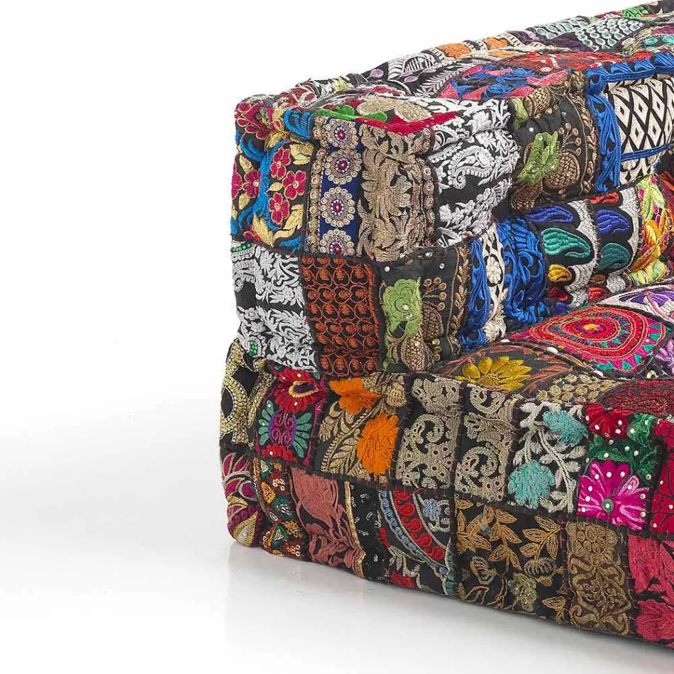 Canapé ethnique rembourré deux places en tissu patchwork et bois - Fibre Viadurini