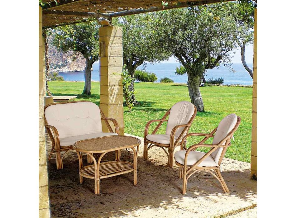 Canapé d'extérieur 2 places pour jardin en rotin coussins blancs - Maurizia Viadurini