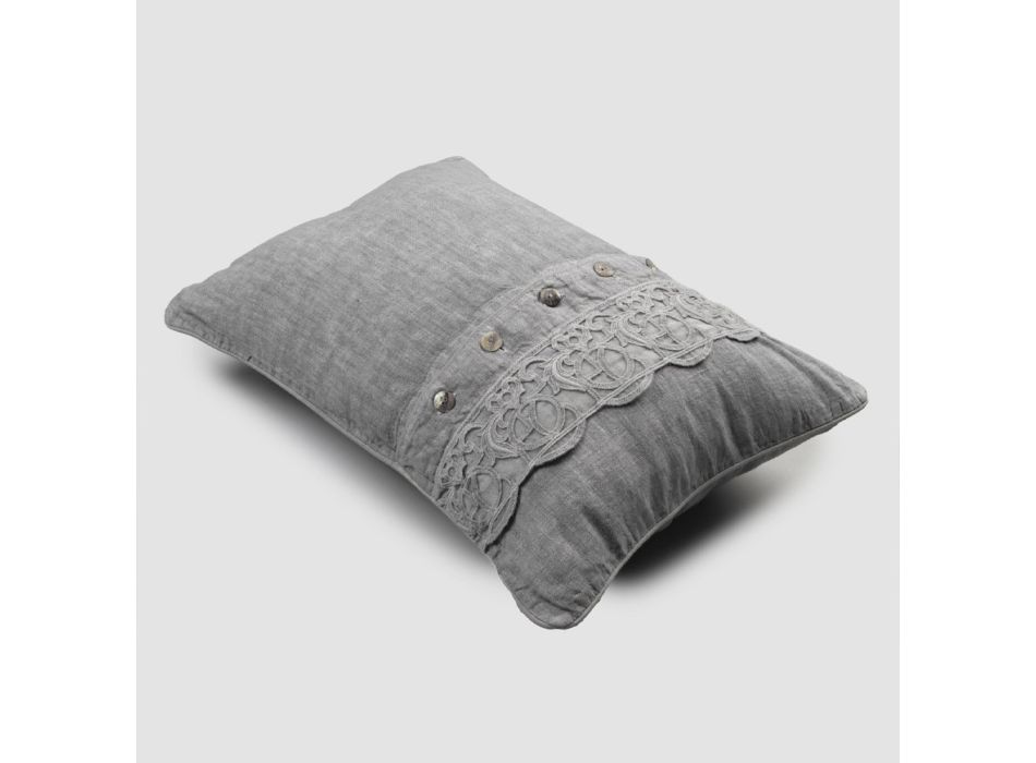 Taie d'oreiller de lit en lin gris dentelle Sinergia de luxe italien - Stego Viadurini