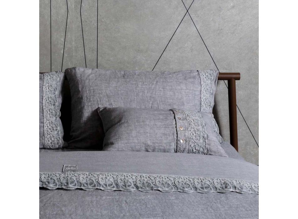 Taie d'oreiller de lit en lin gris dentelle Sinergia de luxe italien - Stego Viadurini