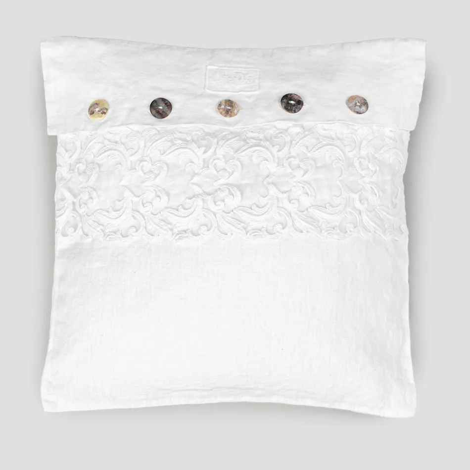 Housse de coussin carrée blanche avec dentelle et boutons de luxe italiens - Logos Viadurini