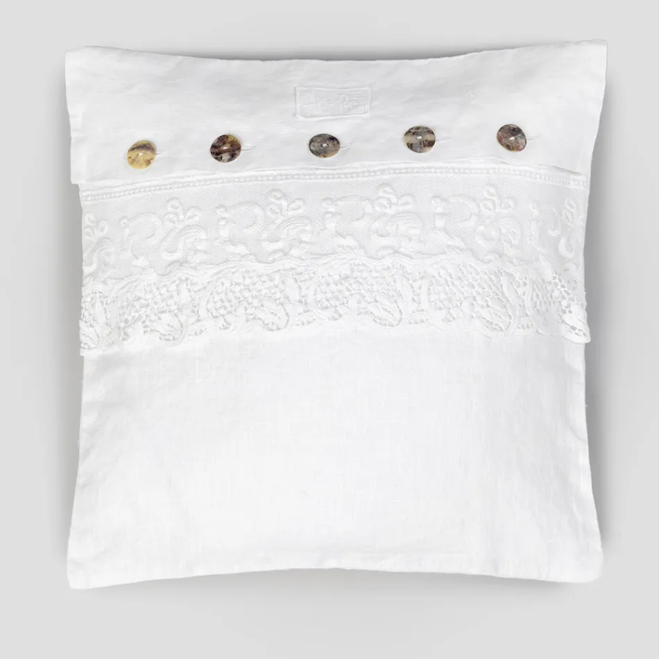 Housse de coussin carrée blanche avec dentelle et boutons de luxe italiens - Logos Viadurini