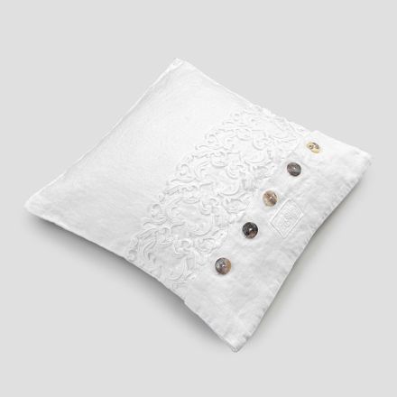 Taie d'oreiller carrée blanche avec dentelle et boutons de luxe italien - Logos Viadurini
