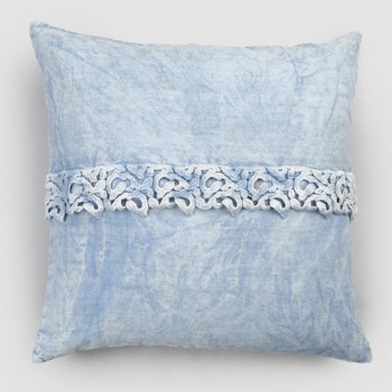 Taie d'oreiller de luxe en lin bleu clair avec motif carré en dentelle fabriquée en Italie - Kiss Viadurini