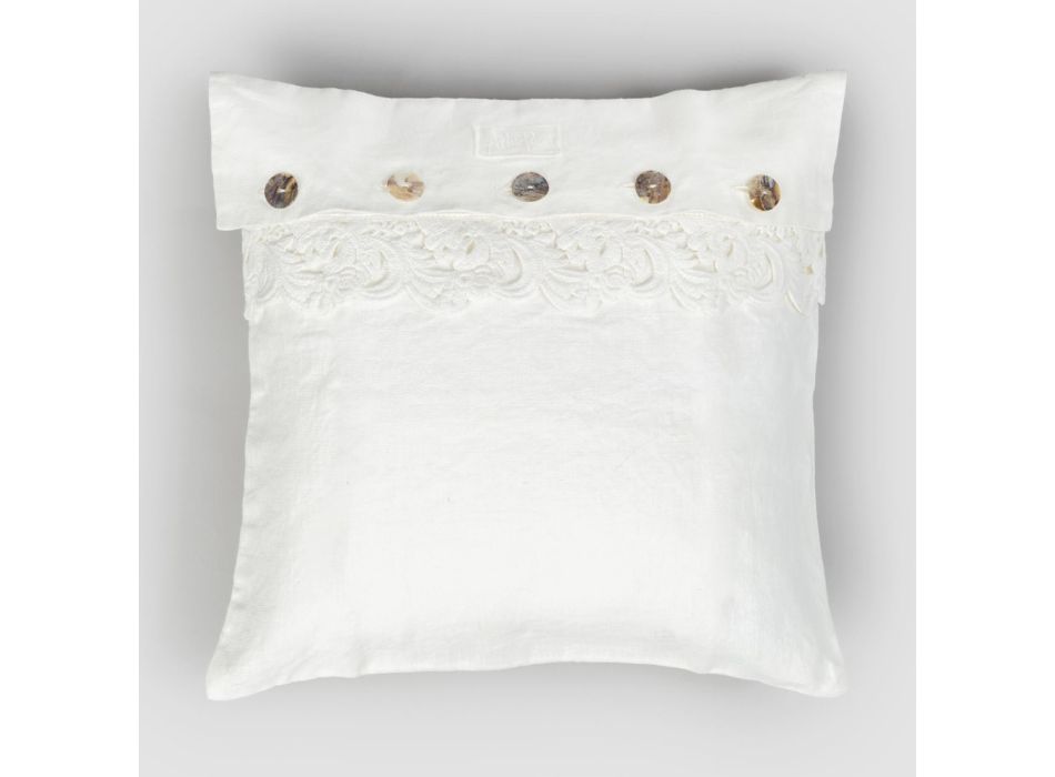 Taie d'oreiller carrée en lin poussiéreux ou rétro avec boutons et dentelle Armonia - Logos Viadurini