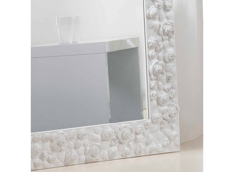 Grand étage miroir blanc / mur avec cadre en bois Fleur Viadurini