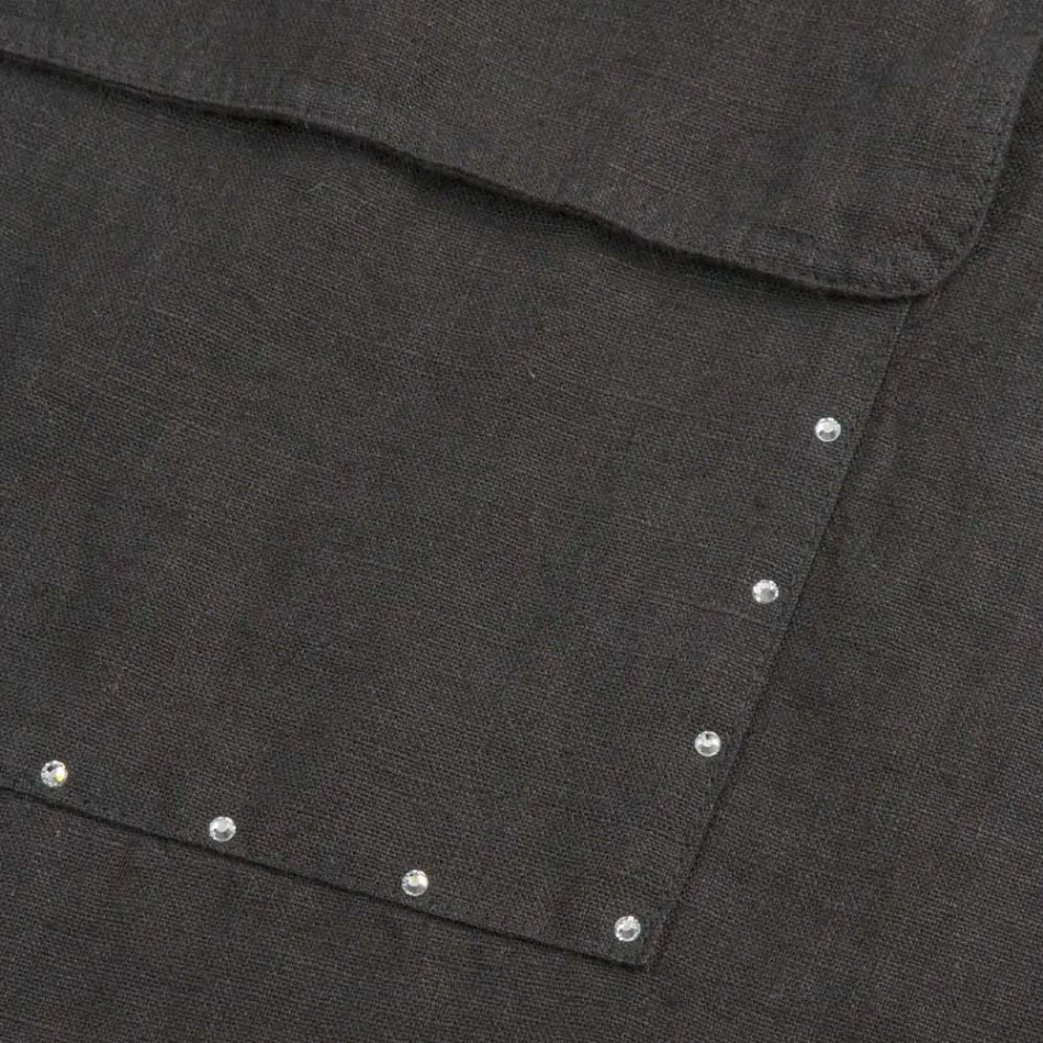 Tablier de Cuisine en Lin Noir avec Cristaux Modèle Bas avec Poche - Cliquez Viadurini