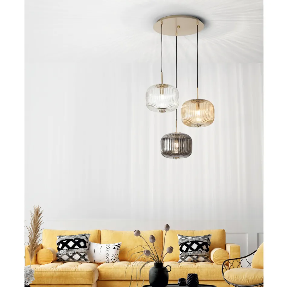 Lampe à Suspension 3 Lumières en Verre Soufflé Coloré et Métal - Trissa Viadurini