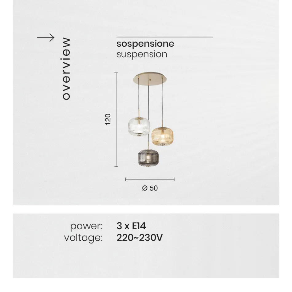 Lampe à Suspension 3 Lumières en Verre Soufflé Coloré et Métal - Trissa Viadurini