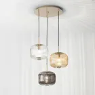 Lampe à Suspension 3 Lumières en Verre Soufflé Coloré et Métal - Trissa Viadurini