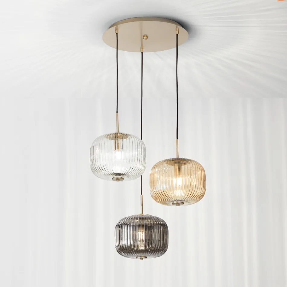 Lampe à Suspension 3 Lumières en Verre Soufflé Coloré et Métal - Trissa Viadurini