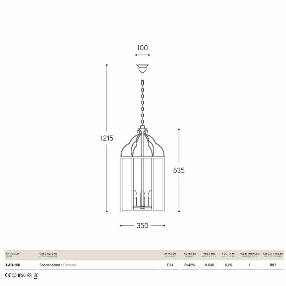 Suspension avec 3 lumières laiton et verre Turandot Viadurini