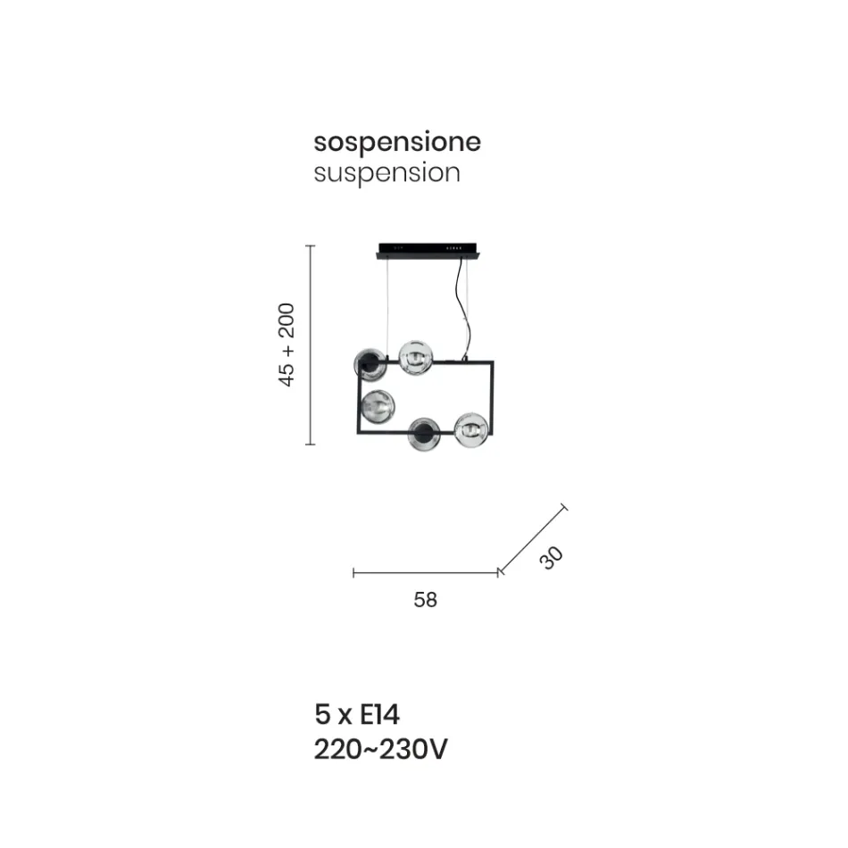 Lampe à Suspension à 5 Lumières en Métal et Verre Soufflé Moderne - Birga Viadurini