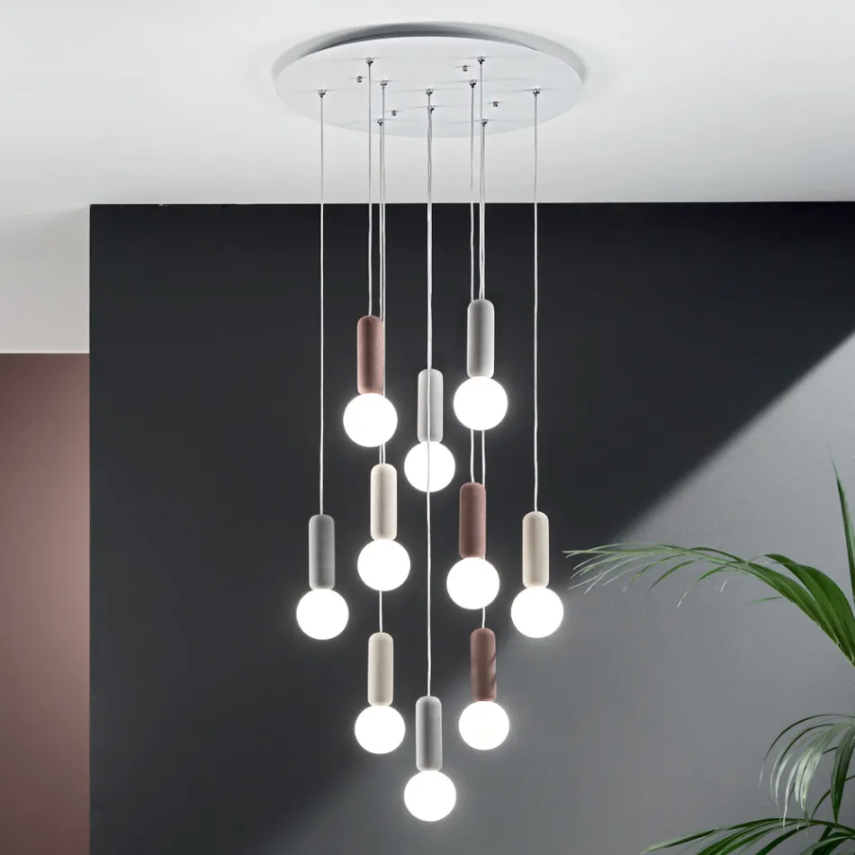 Lampe à Suspension à 6 ou 10 Lumières en Ciment et Verre Soufflé - Duster Viadurini