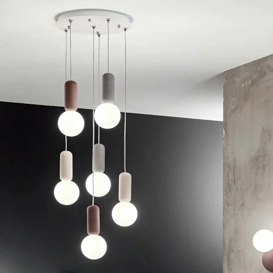 Lampe à Suspension à 6 ou 10 Lumières en Ciment et Verre Soufflé - Duster Viadurini