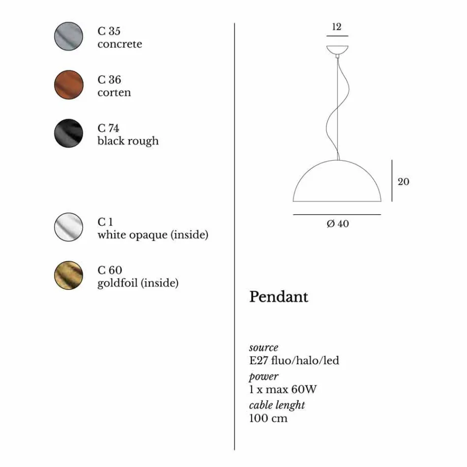 suspension de la lampe à deux tons Ø40x H20x L.cavo100cm acier léger Viadurini