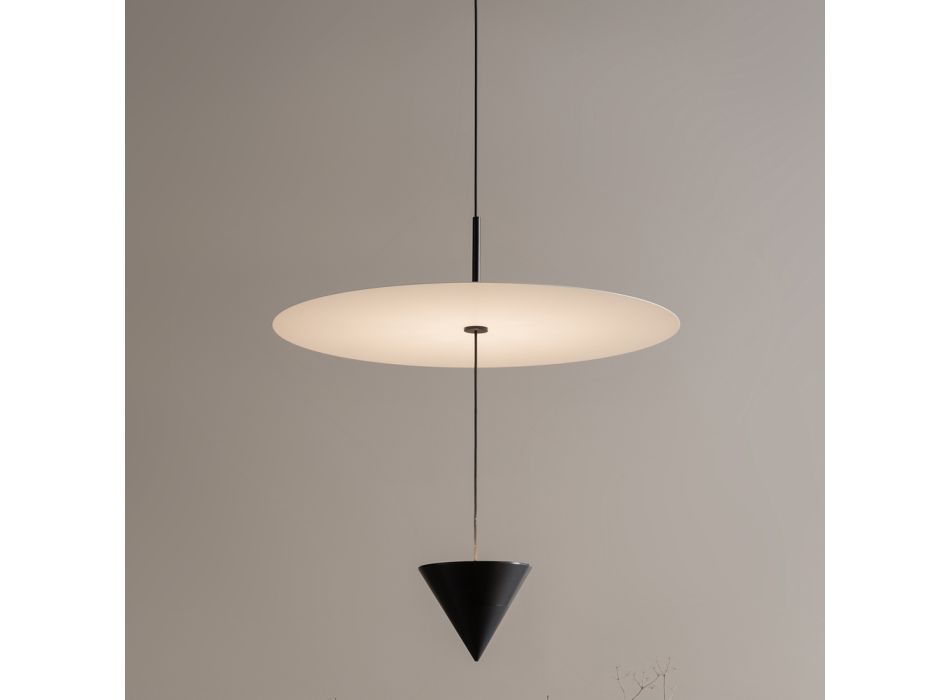 Lampe à Suspension en Aluminium avec Plaque Blanche et Cône Noir - Padel Viadurini