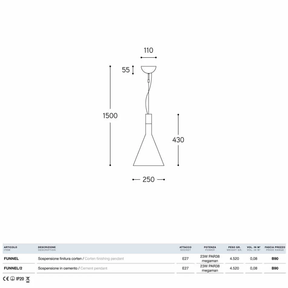 Suspension en entonnoir béton Aldo Bernardi Viadurini
