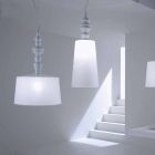 Lampe à suspension en céramique blanche. Abat-jour en lin Design court - Cadabra Viadurini