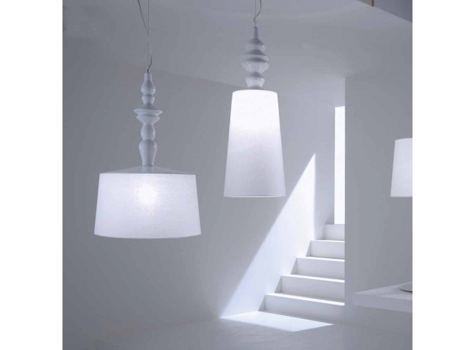 Lampe à suspension en céramique blanche. Abat-jour en lin Design court - Cadabra Viadurini