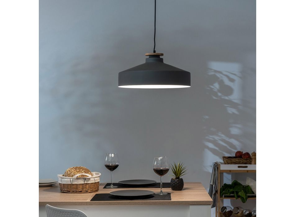 Lampe à suspension en métal gris et bois avec câble en nylon - Marlena Viadurini