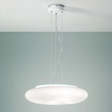 Lampe à Suspension en Verre Soufflé Blanc et Métal Chromé - Ariana Viadurini