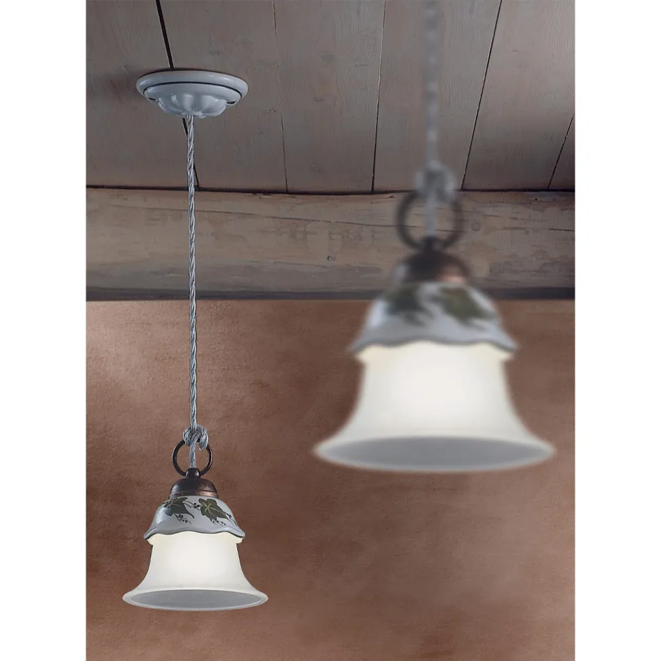 Lampe à Suspension en Verre, Fer et Céramique Peinte à la Main - Ferrara Viadurini