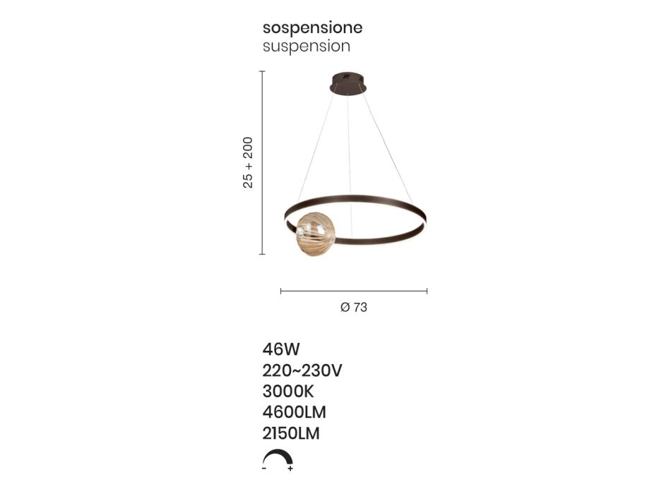 Lampe à Suspension LED Dimmable en Métal et Verre Soufflé - Cacao Viadurini