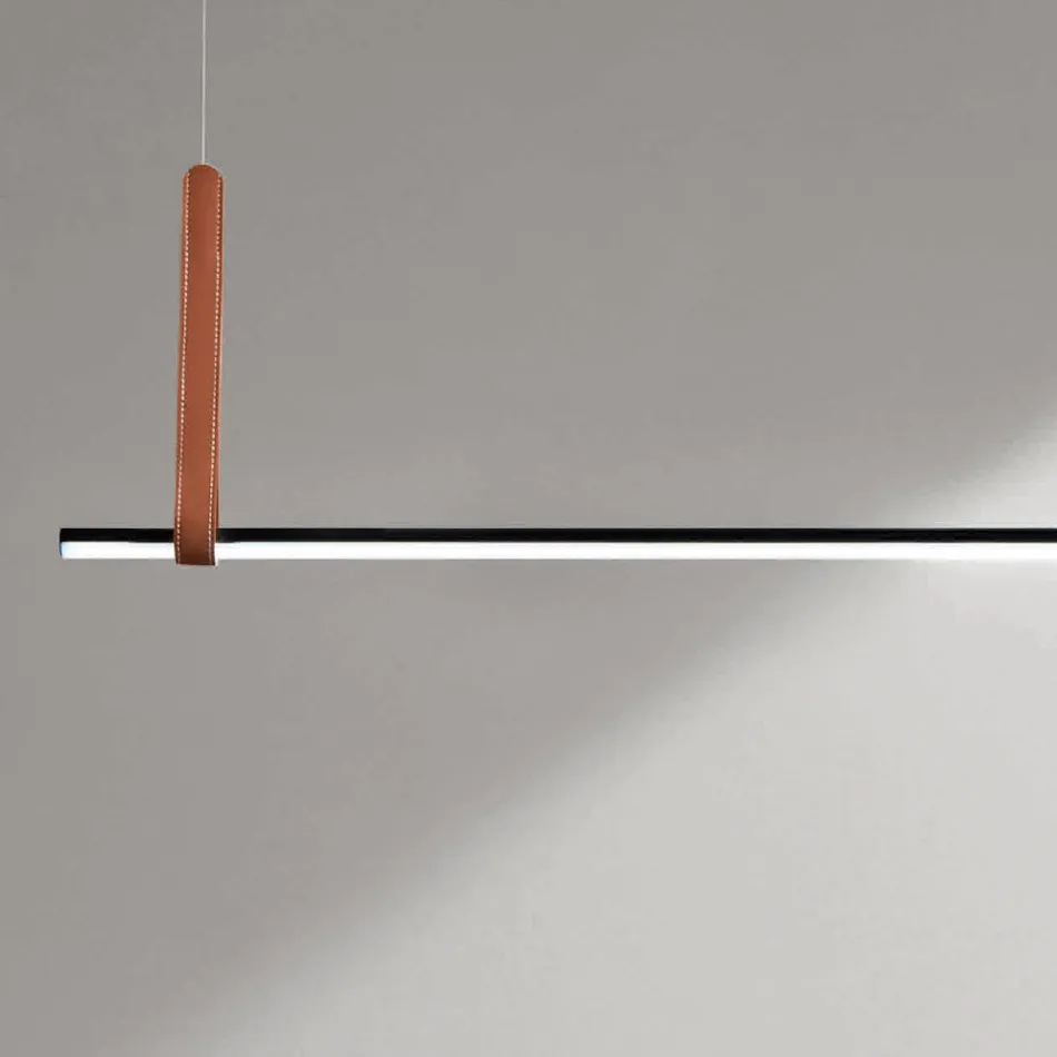 Lampe à Suspension Horizontale en Métal et Détail en Simili Cuir - Cyprès Viadurini