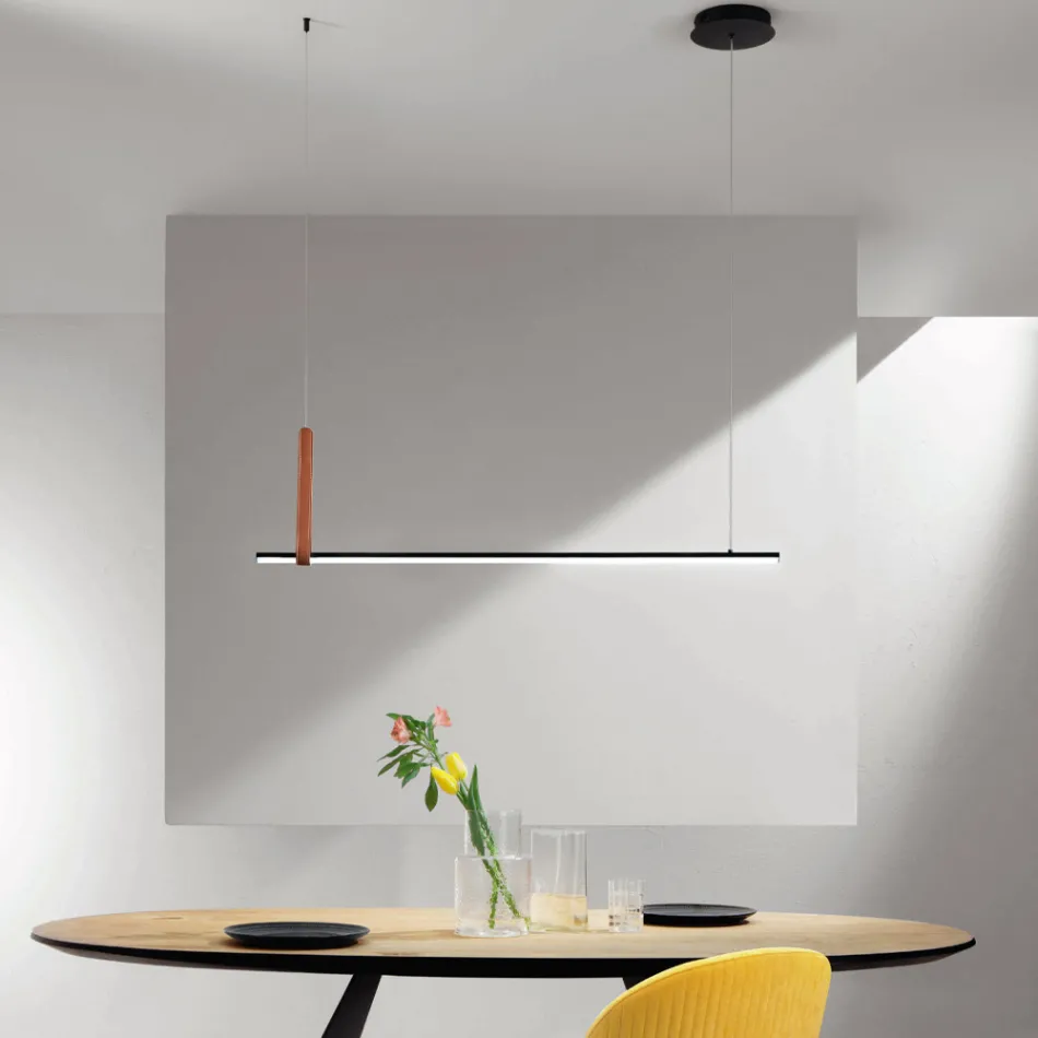 Lampe à Suspension Horizontale en Métal et Détail en Simili Cuir - Cyprès Viadurini