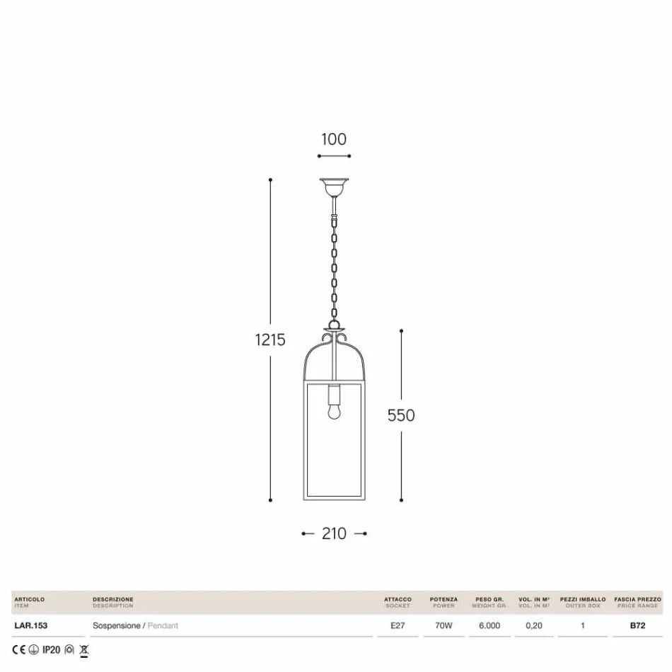 Lampe Carré pendentif en laiton avec 1 verre et de lumière Aida Viadurini