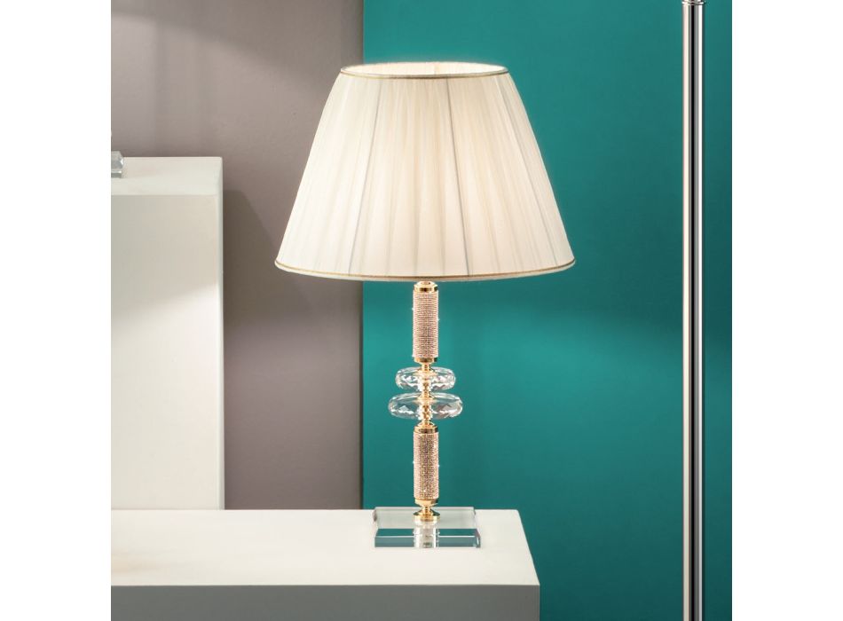 Lampe de table classique en métal doré, cristal et abat-jour - Similo Viadurini