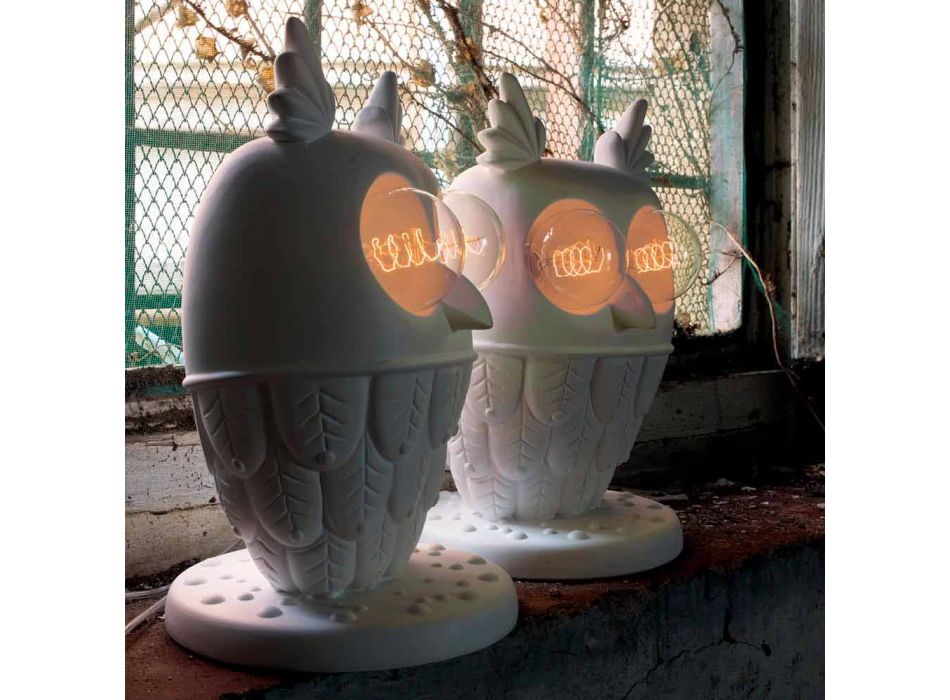 Lampe de Table en Céramique Blanc Mat 2 Lumières Hibou Design Moderne - Chouette Viadurini