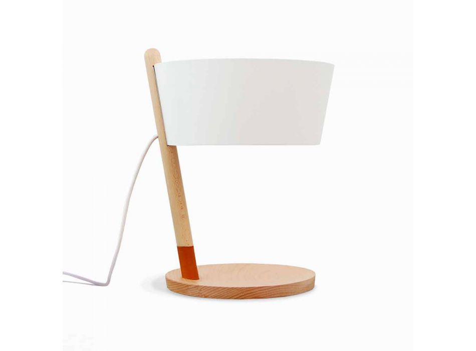Lampe de table en hêtre avec détails en métal et cuir vegan - Avetta Viadurini