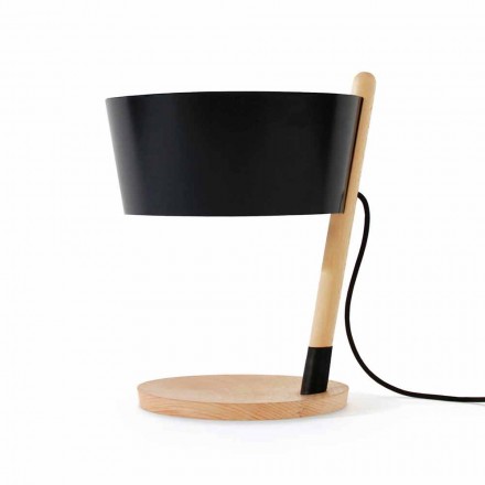 Lampe de table en hêtre avec détails en métal et cuir vegan - Avetta Viadurini