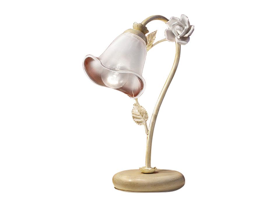 Lampe de Table en Fer et Verre avec Rose de Décoration en Céramique - Sienne Viadurini